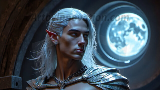Handsome Male Elves, majestic young male elf standing in an elaborate elven background, in a dark ethereal realm. With pointed ears, wearing glamorous, luxurious, and fierce outfits is an Elven city, full of handsome, and sexy, shirtless elf men, that are adorned with shimmering, iridescent armor.