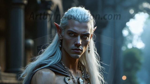 Handsome Male Elves, majestic young male elf standing in an elaborate elven background, in a dark ethereal realm. With pointed ears, wearing glamorous, luxurious, and fierce outfits is an Elven city, full of handsome, and sexy, shirtless elf men, that are adorned with shimmering, iridescent armor.