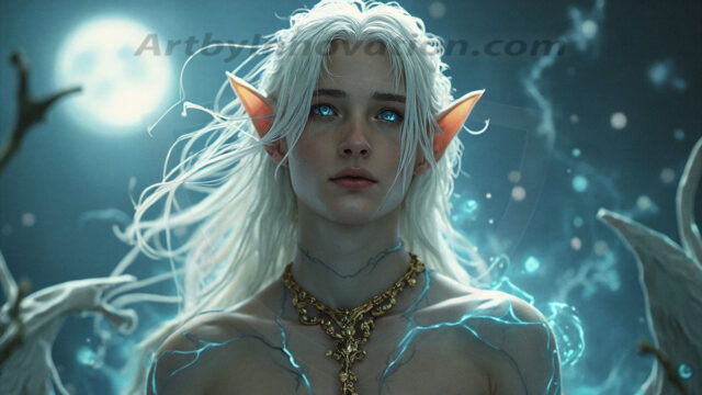 Handsome Male Elves, majestic young male elf standing in an elaborate elven background, in a dark ethereal realm. With pointed ears, wearing glamorous, luxurious, and fierce outfits is an Elven city, full of handsome, and sexy, shirtless elf men, that are adorned with shimmering, iridescent armor.
