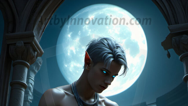 Handsome Male Elves, majestic young male elf standing in an elaborate elven background, in a dark ethereal realm. With pointed ears, wearing glamorous, luxurious, and fierce outfits is an Elven city, full of handsome, and sexy, shirtless elf men, that are adorned with shimmering, iridescent armor.