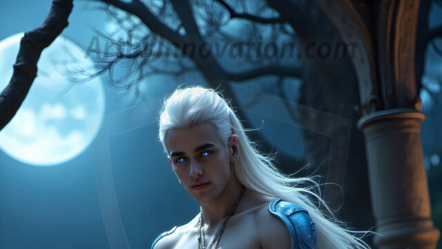 Handsome Male Elves, majestic young male elf standing in an elaborate elven background, in a dark ethereal realm. With pointed ears, wearing glamorous, luxurious, and fierce outfits is an Elven city, full of handsome, and sexy, shirtless elf men, that are adorned with shimmering, iridescent armor.