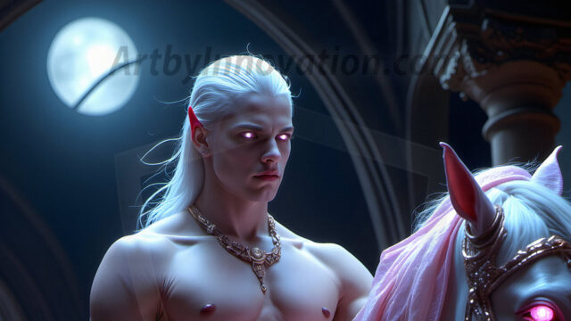 Handsome Male Elves, majestic young male elf standing in an elaborate elven background, in a dark ethereal realm. With pointed ears, wearing glamorous, luxurious, and fierce outfits is an Elven city, full of handsome, and sexy, shirtless elf men, that are adorned with shimmering, iridescent armor.