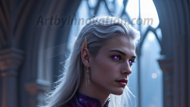 Handsome Male Elves, majestic young male elf standing in an elaborate elven background, in a dark ethereal realm. With pointed ears, wearing glamorous, luxurious, and fierce outfits is an Elven city, full of handsome, and sexy, shirtless elf men, that are adorned with shimmering, iridescent armor.