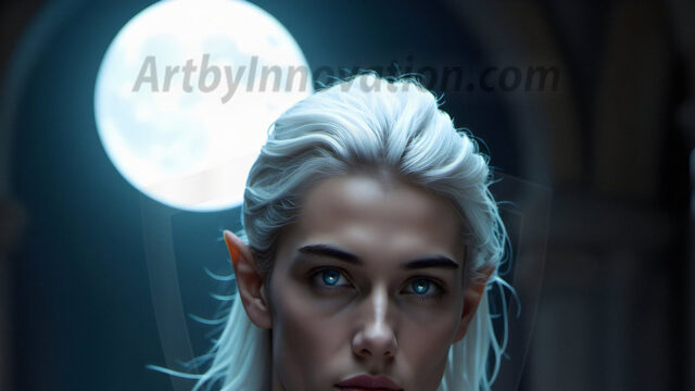 Handsome Male Elves, majestic young male elf standing in an elaborate elven background, in a dark ethereal realm. With pointed ears, wearing glamorous, luxurious, and fierce outfits is an Elven city, full of handsome, and sexy, shirtless elf men, that are adorned with shimmering, iridescent armor.