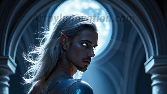 Handsome Male Elves, majestic young male elf standing in an elaborate elven background, in a dark ethereal realm. With pointed ears, wearing glamorous, luxurious, and fierce outfits is an Elven city, full of handsome, and sexy, shirtless elf men, that are adorned with shimmering, iridescent armor.