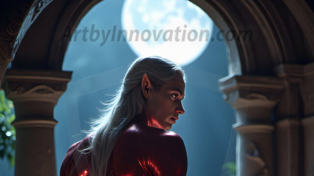 Handsome Male Elves, majestic young male elf standing in an elaborate elven background, in a dark ethereal realm. With pointed ears, wearing glamorous, luxurious, and fierce outfits is an Elven city, full of handsome, and sexy, shirtless elf men, that are adorned with shimmering, iridescent armor.