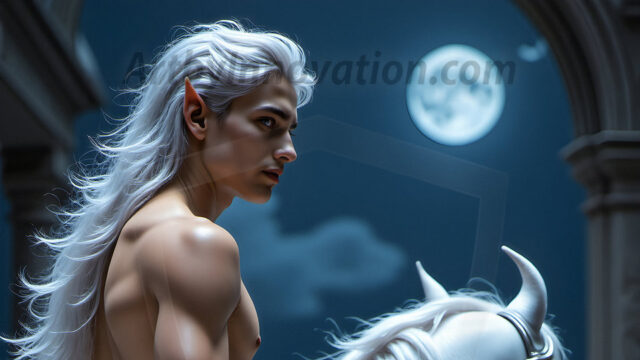 Handsome Male Elves, majestic young male elf standing in an elaborate elven background, in a dark ethereal realm. With pointed ears, wearing glamorous, luxurious, and fierce outfits is an Elven city, full of handsome, and sexy, shirtless elf men, that are adorned with shimmering, iridescent armor.