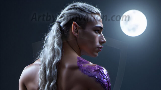 Handsome Male Elves, majestic young male elf standing in an elaborate elven background, in a dark ethereal realm. With pointed ears, wearing glamorous, luxurious, and fierce outfits is an Elven city, full of handsome, and sexy, shirtless elf men, that are adorned with shimmering, iridescent armor.