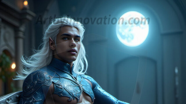 Handsome Male Elves, majestic young male elf standing in an elaborate elven background, in a dark ethereal realm. With pointed ears, wearing glamorous, luxurious, and fierce outfits is an Elven city, full of handsome, and sexy, shirtless elf men, that are adorned with shimmering, iridescent armor.