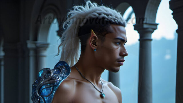 Handsome Male Elves, majestic young male elf standing in an elaborate elven background, in a dark ethereal realm. With pointed ears, wearing glamorous, luxurious, and fierce outfits is an Elven city, full of handsome, and sexy, shirtless elf men, that are adorned with shimmering, iridescent armor.