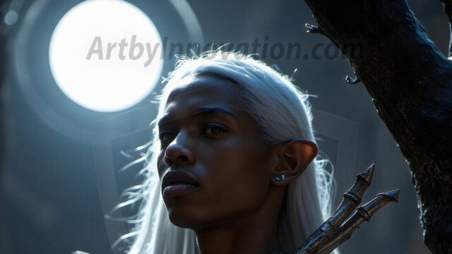 Handsome Male Elves, majestic young male elf standing in an elaborate elven background, in a dark ethereal realm. With pointed ears, wearing glamorous, luxurious, and fierce outfits is an Elven city, full of handsome, and sexy, shirtless elf men, that are adorned with shimmering, iridescent armor.