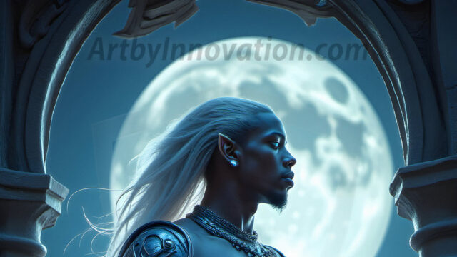 Handsome Male Elves, majestic young male elf standing in an elaborate elven background, in a dark ethereal realm. With pointed ears, wearing glamorous, luxurious, and fierce outfits is an Elven city, full of handsome, and sexy, shirtless elf men, that are adorned with shimmering, iridescent armor.