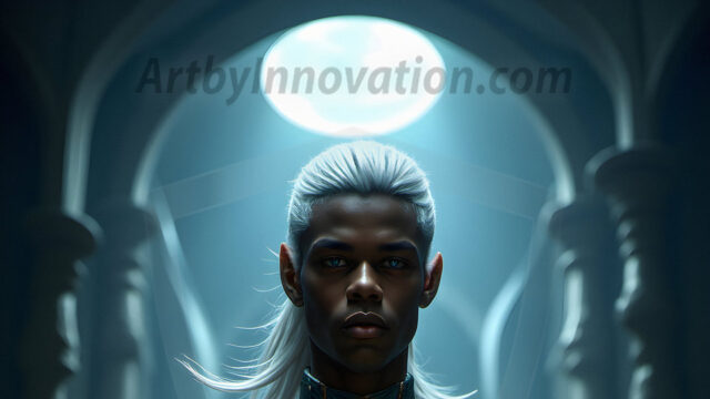 Handsome Male Elves, majestic young male elf standing in an elaborate elven background, in a dark ethereal realm. With pointed ears, wearing glamorous, luxurious, and fierce outfits is an Elven city, full of handsome, and sexy, shirtless elf men, that are adorned with shimmering, iridescent armor.