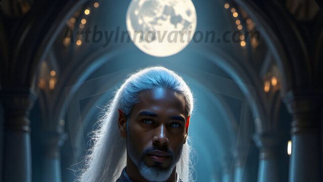 Handsome Male Elves, majestic young male elf standing in an elaborate elven background, in a dark ethereal realm. With pointed ears, wearing glamorous, luxurious, and fierce outfits is an Elven city, full of handsome, and sexy, shirtless elf men, that are adorned with shimmering, iridescent armor.