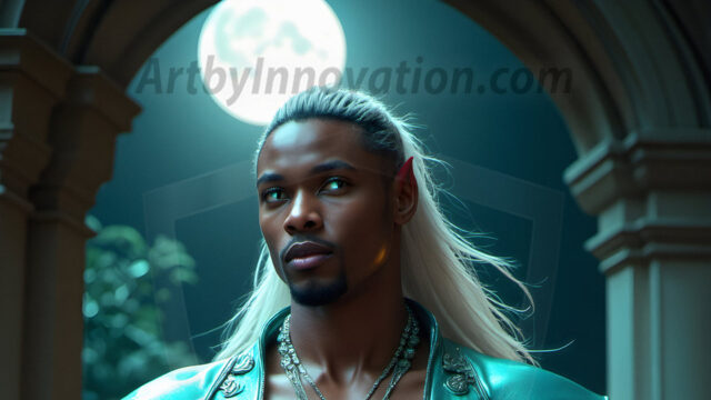 Handsome Male Elves, majestic young male elf standing in an elaborate elven background, in a dark ethereal realm. With pointed ears, wearing glamorous, luxurious, and fierce outfits is an Elven city, full of handsome, and sexy, shirtless elf men, that are adorned with shimmering, iridescent armor.