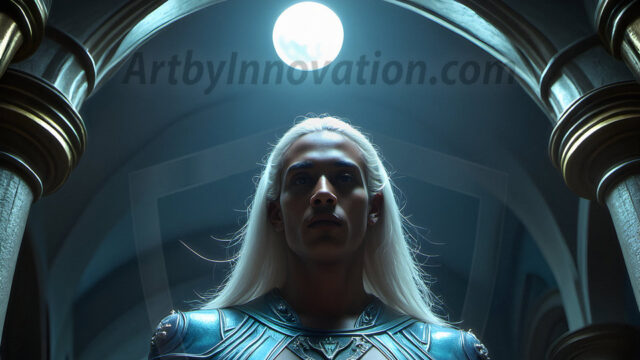 Handsome Male Elves, majestic young male elf standing in an elaborate elven background, in a dark ethereal realm. With pointed ears, wearing glamorous, luxurious, and fierce outfits is an Elven city, full of handsome, and sexy, shirtless elf men, that are adorned with shimmering, iridescent armor.