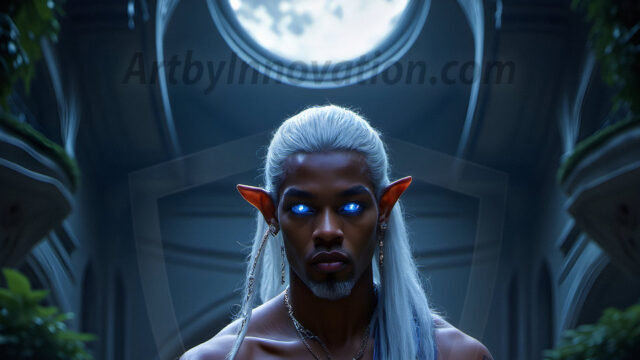 Handsome Male Elves, majestic young male elf standing in an elaborate elven background, in a dark ethereal realm. With pointed ears, wearing glamorous, luxurious, and fierce outfits is an Elven city, full of handsome, and sexy, shirtless elf men, that are adorned with shimmering, iridescent armor.