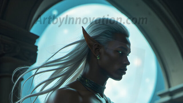 Handsome Male Elves, majestic young male elf standing in an elaborate elven background, in a dark ethereal realm. With pointed ears, wearing glamorous, luxurious, and fierce outfits is an Elven city, full of handsome, and sexy, shirtless elf men, that are adorned with shimmering, iridescent armor.