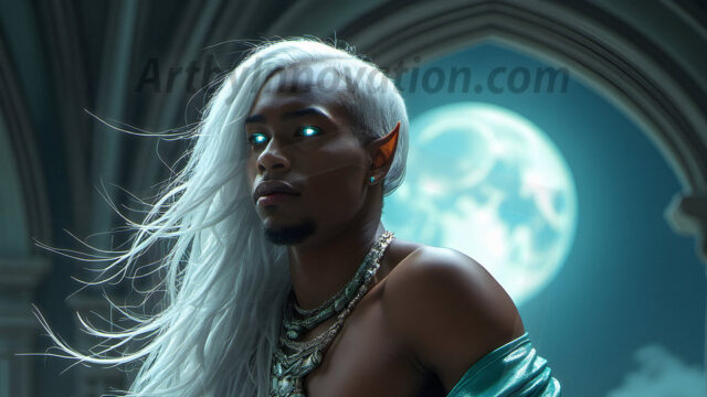 Handsome Male Elves, majestic young male elf standing in an elaborate elven background, in a dark ethereal realm. With pointed ears, wearing glamorous, luxurious, and fierce outfits is an Elven city, full of handsome, and sexy, shirtless elf men, that are adorned with shimmering, iridescent armor.