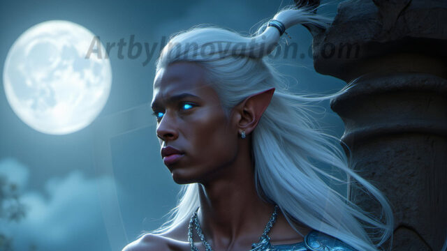 Handsome Male Elves, majestic young male elf standing in an elaborate elven background, in a dark ethereal realm. With pointed ears, wearing glamorous, luxurious, and fierce outfits is an Elven city, full of handsome, and sexy, shirtless elf men, that are adorned with shimmering, iridescent armor.