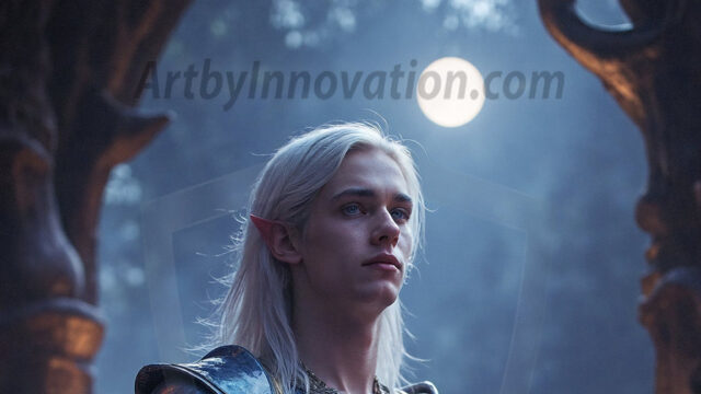 Handsome Male Elves, majestic young male elf standing in an elaborate elven background, in a dark ethereal realm. With pointed ears, wearing glamorous, luxurious, and fierce outfits is an Elven city, full of handsome, and sexy, shirtless elf men, that are adorned with shimmering, iridescent armor.