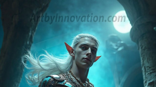 Handsome Male Elves, majestic young male elf standing in an elaborate elven background, in a dark ethereal realm. With pointed ears, wearing glamorous, luxurious, and fierce outfits is an Elven city, full of handsome, and sexy, shirtless elf men, that are adorned with shimmering, iridescent armor.
