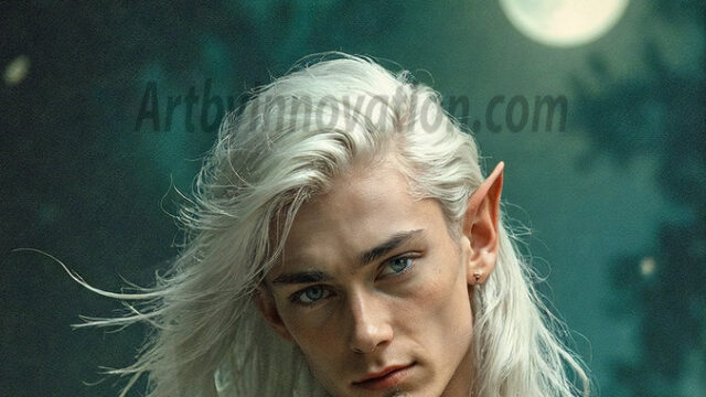 Handsome Male Elves, majestic young male elf standing in an elaborate elven background, in a dark ethereal realm. With pointed ears, wearing glamorous, luxurious, and fierce outfits is an Elven city, full of handsome, and sexy, shirtless elf men, that are adorned with shimmering, iridescent armor.