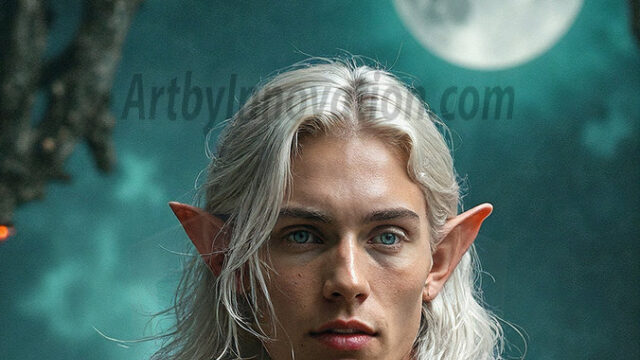 Handsome Male Elves, majestic young male elf standing in an elaborate elven background, in a dark ethereal realm. With pointed ears, wearing glamorous, luxurious, and fierce outfits is an Elven city, full of handsome, and sexy, shirtless elf men, that are adorned with shimmering, iridescent armor.
