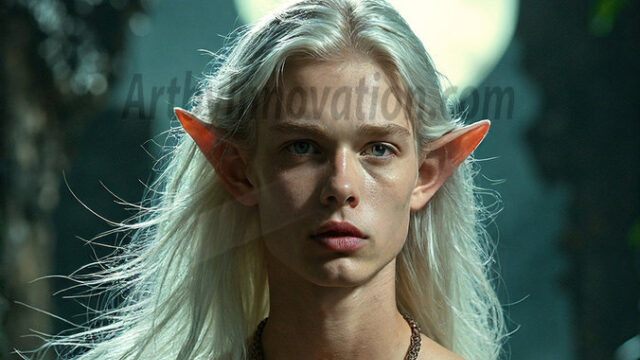 Handsome Male Elves, majestic young male elf standing in an elaborate elven background, in a dark ethereal realm. With pointed ears, wearing glamorous, luxurious, and fierce outfits is an Elven city, full of handsome, and sexy, shirtless elf men, that are adorned with shimmering, iridescent armor.