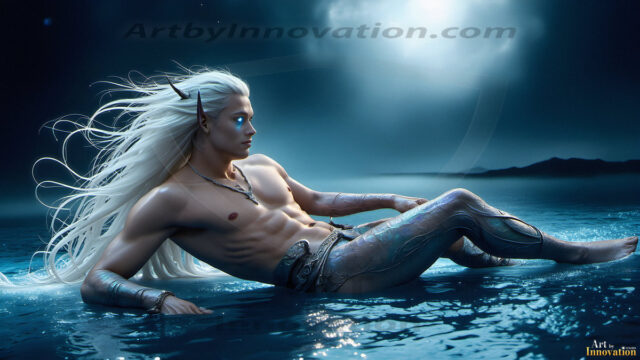 Handsome Male Elves, majestic young male elf standing in an elaborate elven background, in a dark ethereal realm. With pointed ears, wearing glamorous, luxurious, and fierce outfits is an Elven city, full of handsome, and sexy, shirtless elf men, that are adorned with shimmering, iridescent armor.