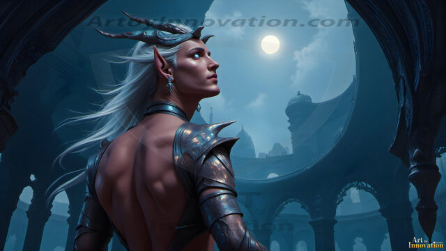 Handsome Male Elves, majestic young male elf standing in an elaborate elven background, in a dark ethereal realm. With pointed ears, wearing glamorous, luxurious, and fierce outfits is an Elven city, full of handsome, and sexy, shirtless elf men, that are adorned with shimmering, iridescent armor.