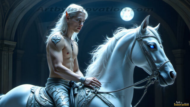 Handsome Male Elves, majestic young male elf standing in an elaborate elven background, in a dark ethereal realm. With pointed ears, wearing glamorous, luxurious, and fierce outfits is an Elven city, full of handsome, and sexy, shirtless elf men, that are adorned with shimmering, iridescent armor.