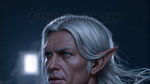 Handsome Male Elves, majestic young male elf standing in an elaborate elven background, in a dark ethereal realm. With pointed ears, wearing glamorous, luxurious, and fierce outfits is an Elven city, full of handsome, and sexy, shirtless elf men, that are adorned with shimmering, iridescent armor.