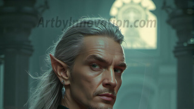 Handsome Male Elves, majestic young male elf standing in an elaborate elven background, in a dark ethereal realm. With pointed ears, wearing glamorous, luxurious, and fierce outfits is an Elven city, full of handsome, and sexy, shirtless elf men, that are adorned with shimmering, iridescent armor.