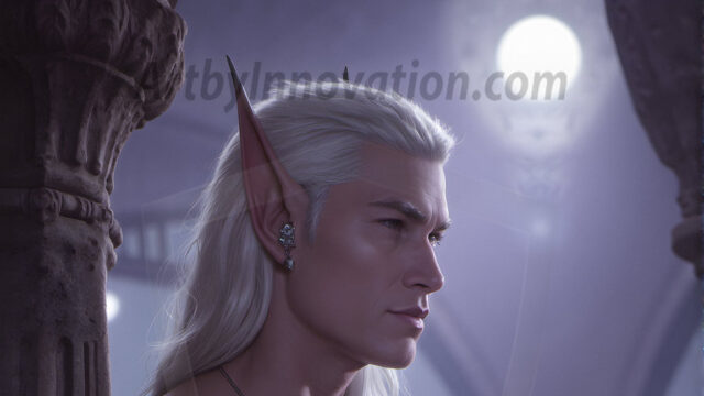 Handsome Male Elves, majestic young male elf standing in an elaborate elven background, in a dark ethereal realm. With pointed ears, wearing glamorous, luxurious, and fierce outfits is an Elven city, full of handsome, and sexy, shirtless elf men, that are adorned with shimmering, iridescent armor.