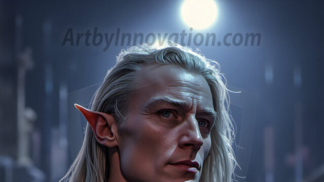 Handsome Male Elves, majestic young male elf standing in an elaborate elven background, in a dark ethereal realm. With pointed ears, wearing glamorous, luxurious, and fierce outfits is an Elven city, full of handsome, and sexy, shirtless elf men, that are adorned with shimmering, iridescent armor.