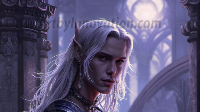 Handsome Male Elves, majestic young male elf standing in an elaborate elven background, in a dark ethereal realm. With pointed ears, wearing glamorous, luxurious, and fierce outfits is an Elven city, full of handsome, and sexy, shirtless elf men, that are adorned with shimmering, iridescent armor.