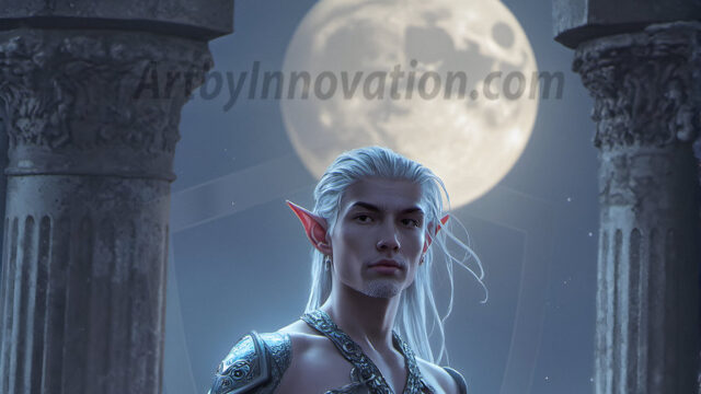 Handsome Male Elves, majestic young male elf standing in an elaborate elven background, in a dark ethereal realm. With pointed ears, wearing glamorous, luxurious, and fierce outfits is an Elven city, full of handsome, and sexy, shirtless elf men, that are adorned with shimmering, iridescent armor.