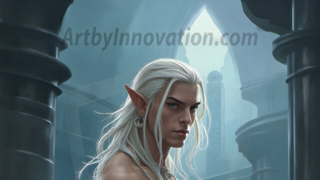 Handsome Male Elves, majestic young male elf standing in an elaborate elven background, in a dark ethereal realm. With pointed ears, wearing glamorous, luxurious, and fierce outfits is an Elven city, full of handsome, and sexy, shirtless elf men, that are adorned with shimmering, iridescent armor.