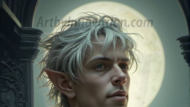 Handsome Male Elves, majestic young male elf standing in an elaborate elven background, in a dark ethereal realm. With pointed ears, wearing glamorous, luxurious, and fierce outfits is an Elven city, full of handsome, and sexy, shirtless elf men, that are adorned with shimmering, iridescent armor.