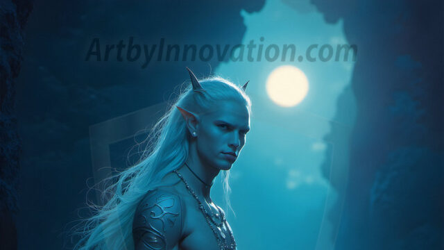 Handsome Male Elves, majestic young male elf standing in an elaborate elven background, in a dark ethereal realm. With pointed ears, wearing glamorous, luxurious, and fierce outfits is an Elven city, full of handsome, and sexy, shirtless elf men, that are adorned with shimmering, iridescent armor.