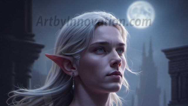 Handsome Male Elves, majestic young male elf standing in an elaborate elven background, in a dark ethereal realm. With pointed ears, wearing glamorous, luxurious, and fierce outfits is an Elven city, full of handsome, and sexy, shirtless elf men, that are adorned with shimmering, iridescent armor.