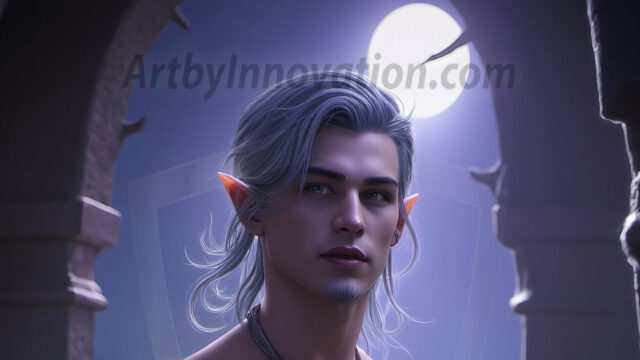 Handsome Male Elves, majestic young male elf standing in an elaborate elven background, in a dark ethereal realm. With pointed ears, wearing glamorous, luxurious, and fierce outfits is an Elven city, full of handsome, and sexy, shirtless elf men, that are adorned with shimmering, iridescent armor.
