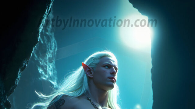 Handsome Male Elves, majestic young male elf standing in an elaborate elven background, in a dark ethereal realm. With pointed ears, wearing glamorous, luxurious, and fierce outfits is an Elven city, full of handsome, and sexy, shirtless elf men, that are adorned with shimmering, iridescent armor.