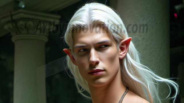 Handsome Male Elves, majestic young male elf standing in an elaborate elven background, in a dark ethereal realm. With pointed ears, wearing glamorous, luxurious, and fierce outfits is an Elven city, full of handsome, and sexy, shirtless elf men, that are adorned with shimmering, iridescent armor.