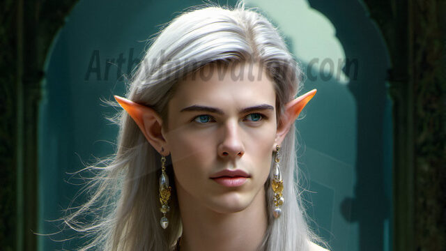 Handsome Male Elves, majestic young male elf standing in an elaborate elven background, in a dark ethereal realm. With pointed ears, wearing glamorous, luxurious, and fierce outfits is an Elven city, full of handsome, and sexy, shirtless elf men, that are adorned with shimmering, iridescent armor.