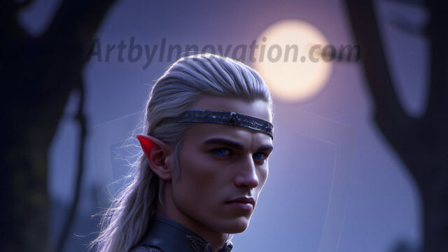 Handsome Male Elves, majestic young male elf standing in an elaborate elven background, in a dark ethereal realm. With pointed ears, wearing glamorous, luxurious, and fierce outfits is an Elven city, full of handsome, and sexy, shirtless elf men, that are adorned with shimmering, iridescent armor.