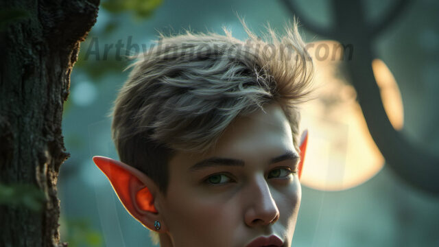 Handsome Male Elves, majestic young male elf standing in an elaborate elven background, in a dark ethereal realm. With pointed ears, wearing glamorous, luxurious, and fierce outfits is an Elven city, full of handsome, and sexy, shirtless elf men, that are adorned with shimmering, iridescent armor.