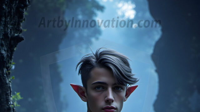 Handsome Male Elves, majestic young male elf standing in an elaborate elven background, in a dark ethereal realm. With pointed ears, wearing glamorous, luxurious, and fierce outfits is an Elven city, full of handsome, and sexy, shirtless elf men, that are adorned with shimmering, iridescent armor.