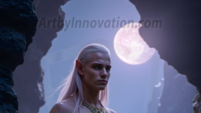 Handsome Male Elves, majestic young male elf standing in an elaborate elven background, in a dark ethereal realm. With pointed ears, wearing glamorous, luxurious, and fierce outfits is an Elven city, full of handsome, and sexy, shirtless elf men, that are adorned with shimmering, iridescent armor.